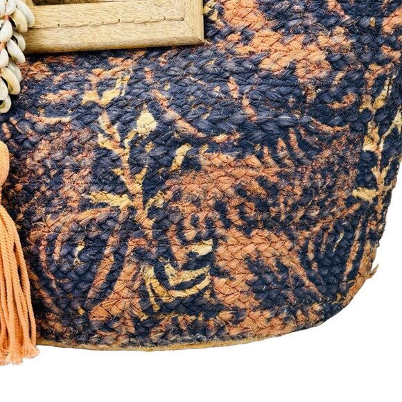Natural Jute Woven Tote Peach Black 19”x14” Square Wood Handle Shell Tassel - Picture 15 of 16